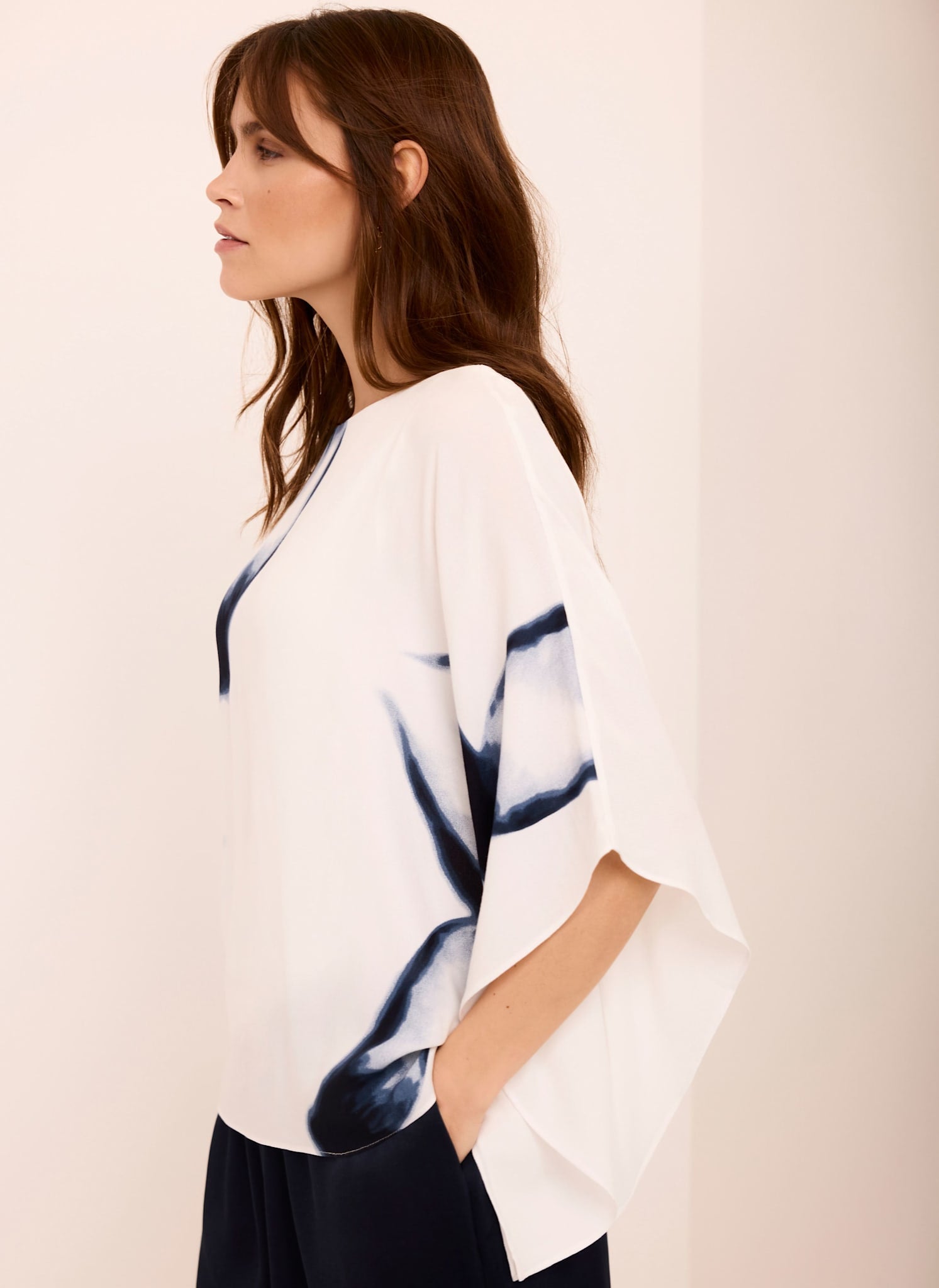 White Print Batwing Top