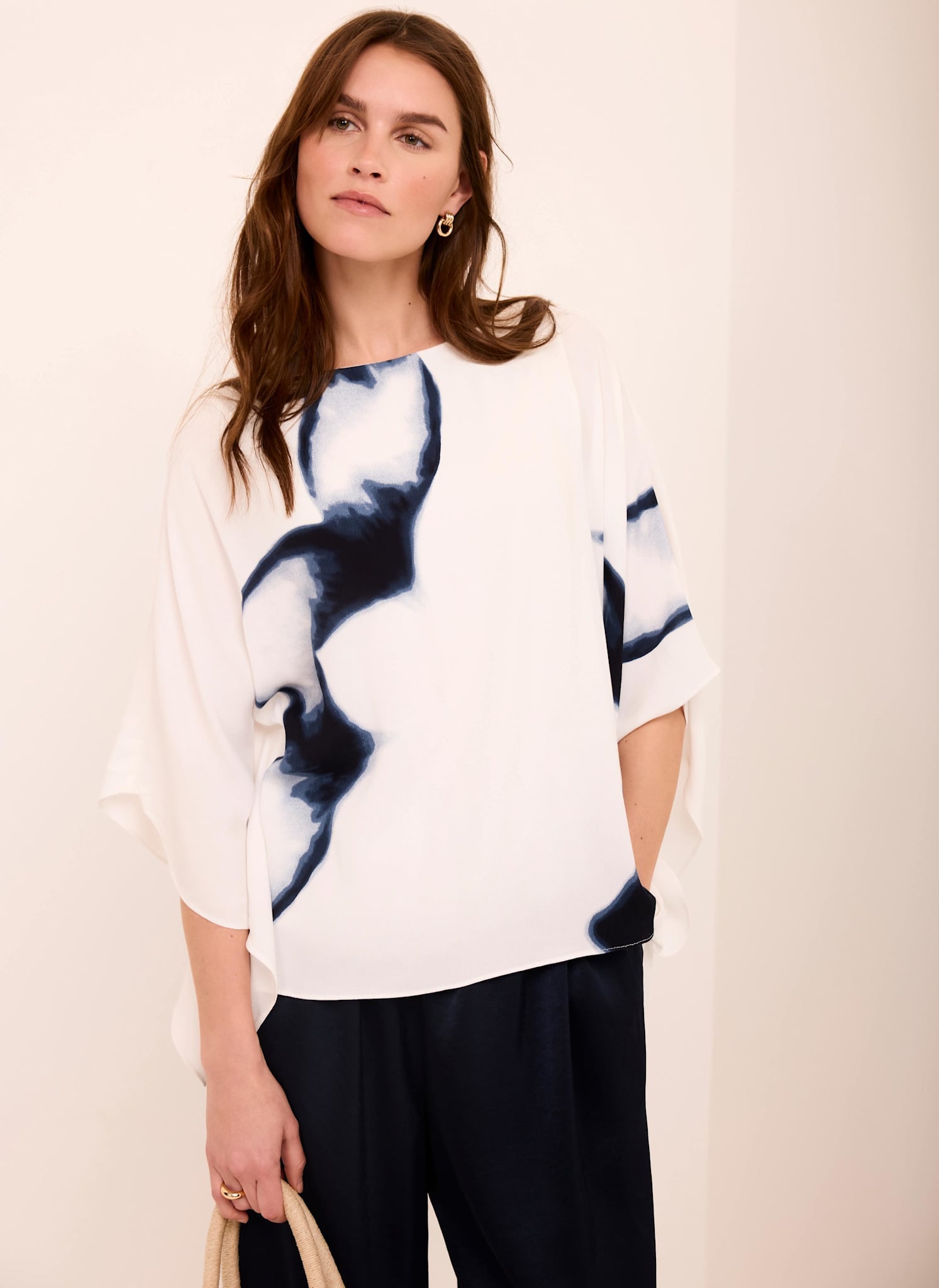 White Print Batwing Top