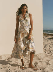 Cream Floral Print Drop Waist Midi Dress