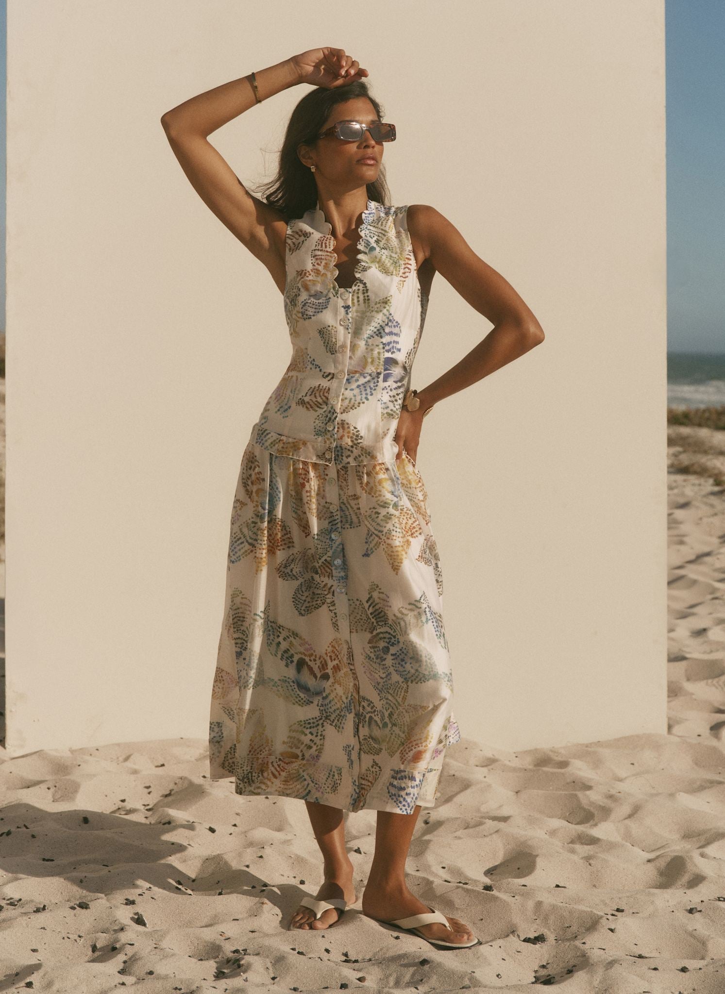 Cream Floral Print Drop Waist Midi Dress