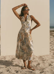 Cream Floral Print Drop Waist Midi Dress