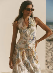 Cream Floral Print Drop Waist Midi Dress
