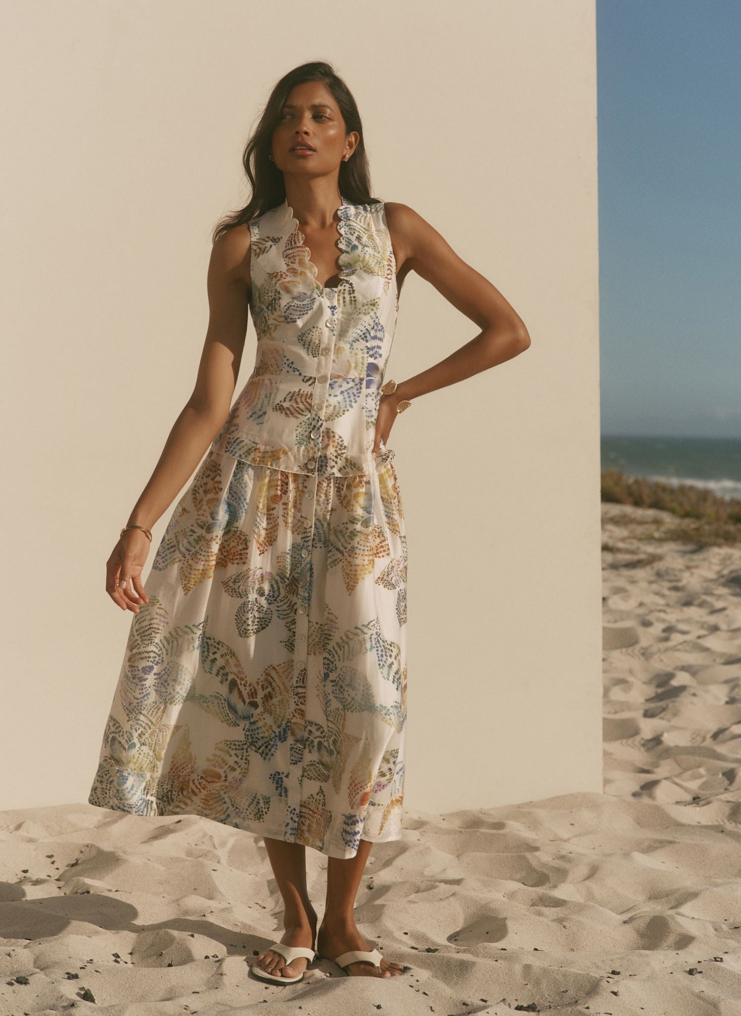 Cream Floral Print Drop Waist Midi Dress