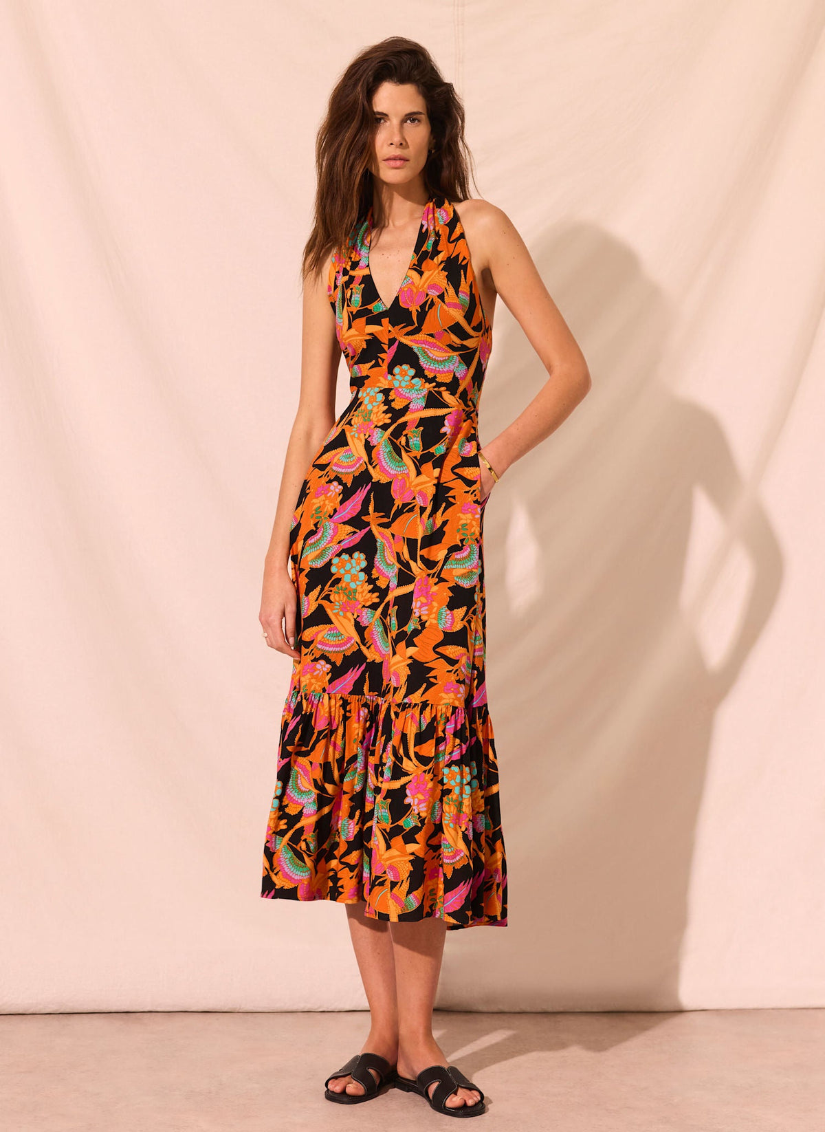 Orange Floral Print Halter Midi Dress