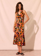 Orange Floral Print Halter Midi Dress