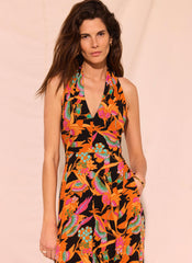Orange Floral Print Halter Midi Dress