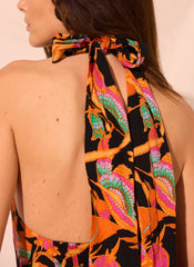 Orange Floral Print Halter Midi Dress