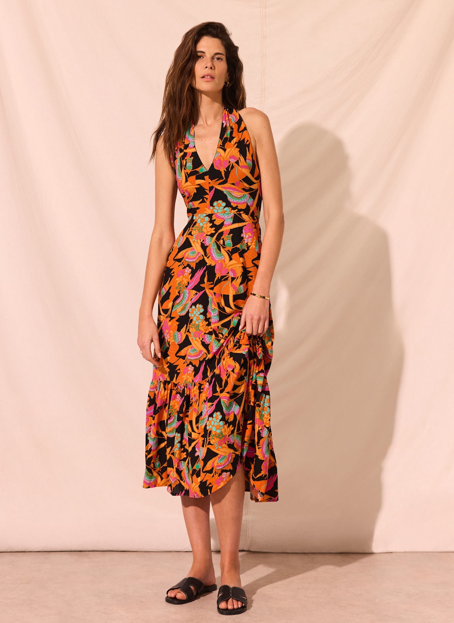 Orange Floral Print Halter Midi Dress