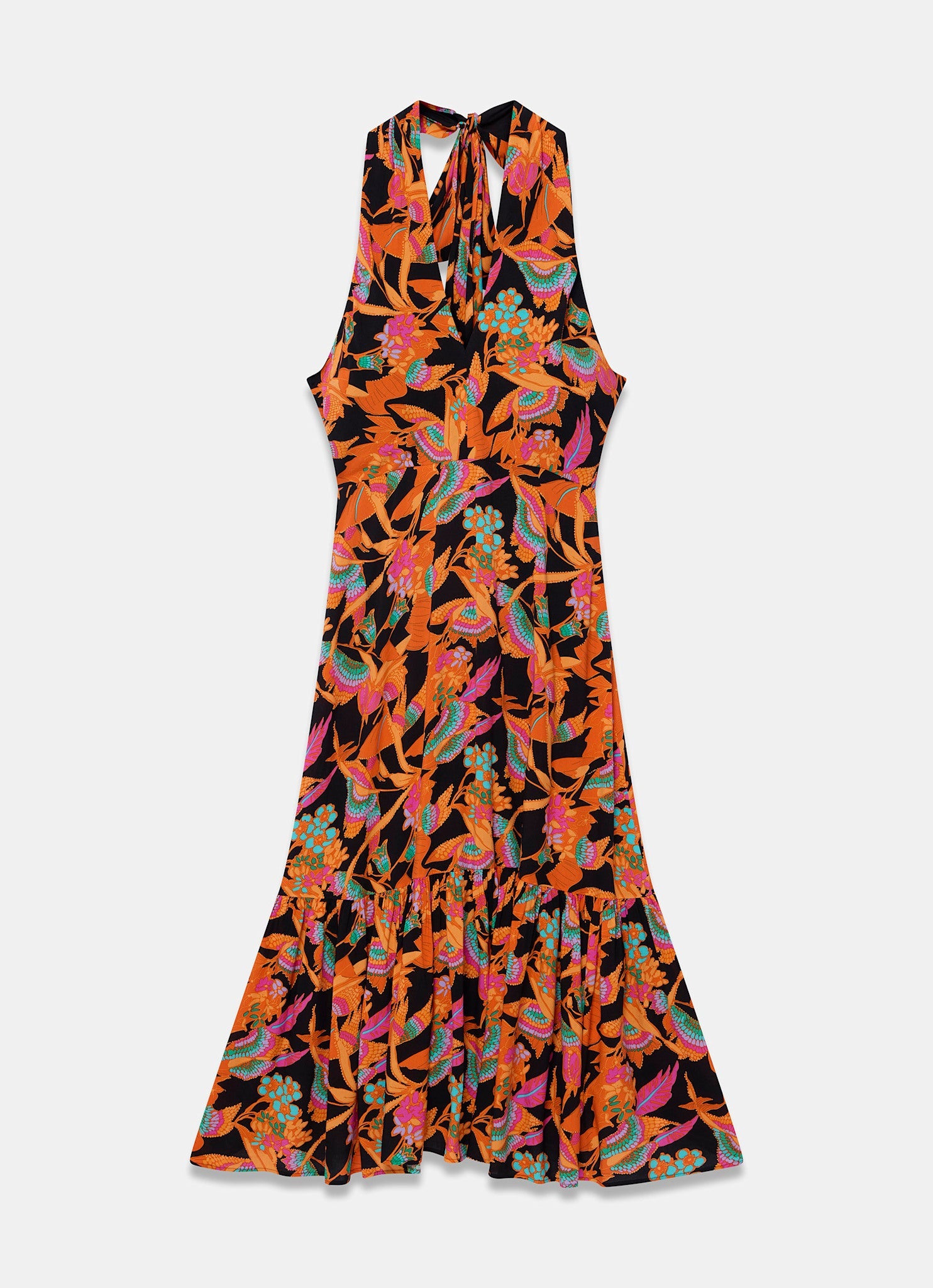 Orange Floral Print Halter Midi Dress
