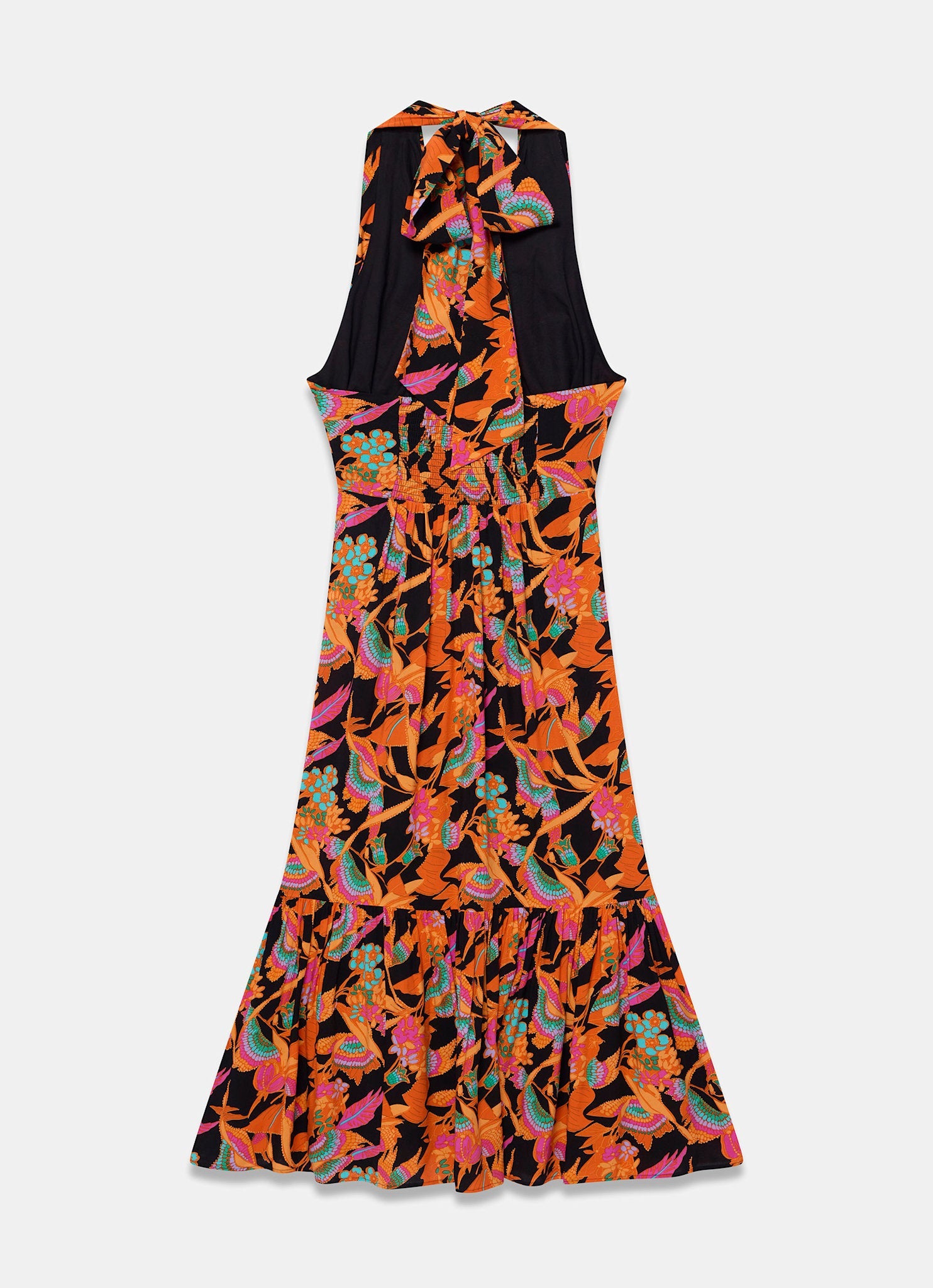Orange Floral Print Halter Midi Dress