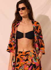 Orange Floral Print Long Kimono