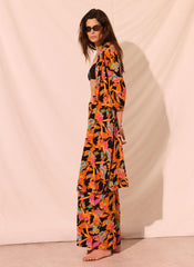 Orange Floral Print Long Kimono