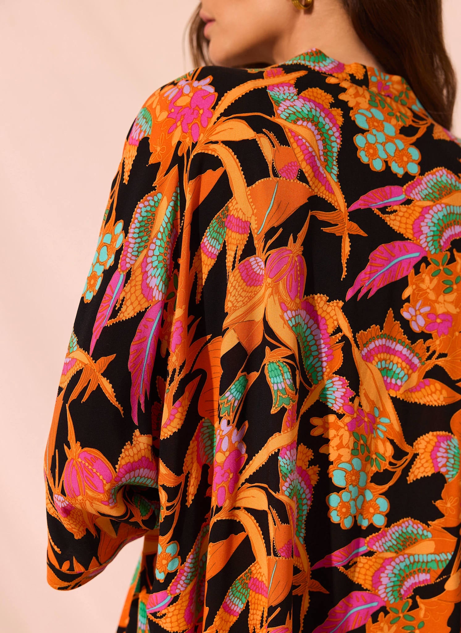 Orange Floral Print Long Kimono