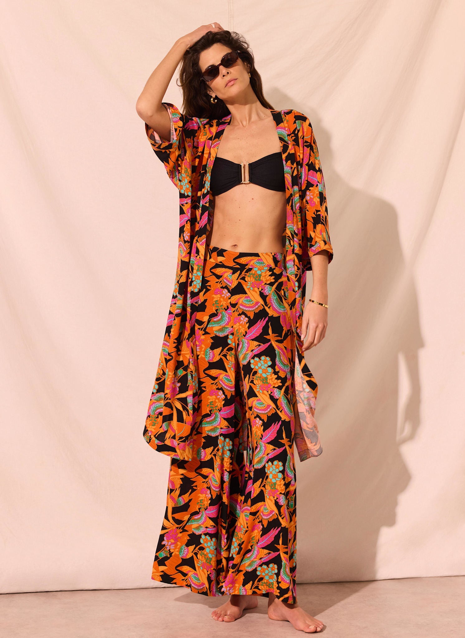 Orange Floral Print Long Kimono