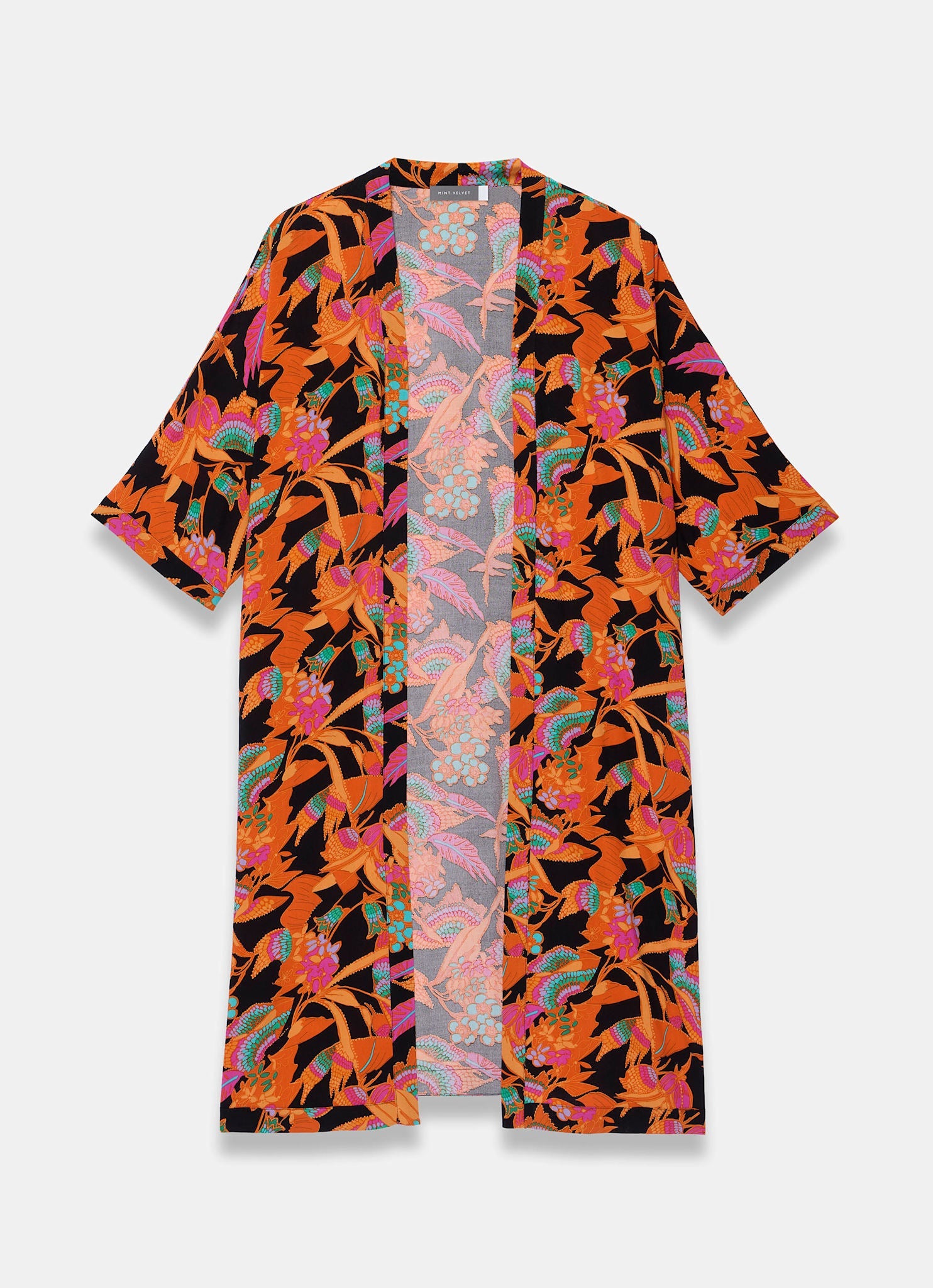 Orange Floral Print Long Kimono