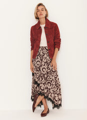 Burgundy Floral Print Lace Trim Skirt