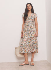 Orange Floral Print Midi Dress