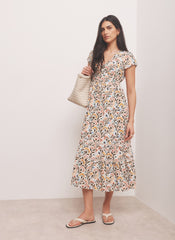 Orange Floral Print Midi Dress