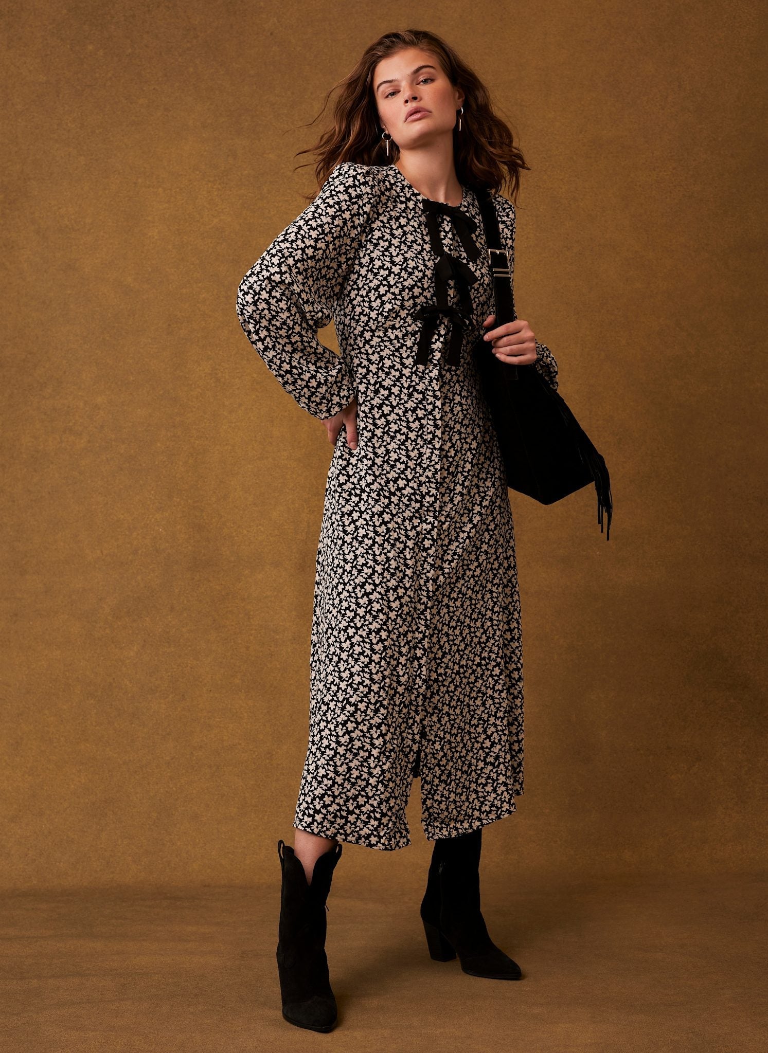 Black Floral Print Midi Dress