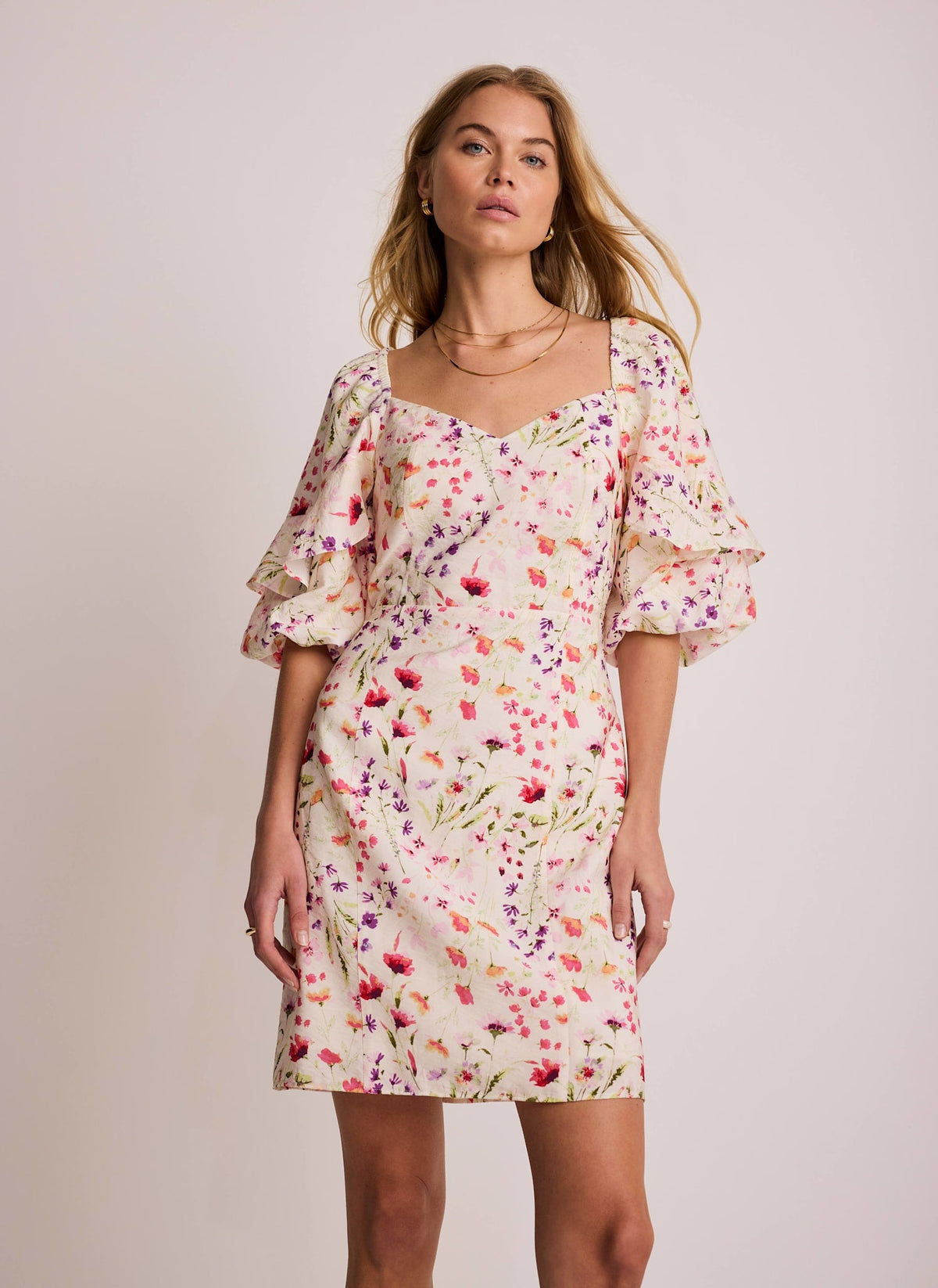 Pink Floral Print Puff Sleeve Mini Dress
