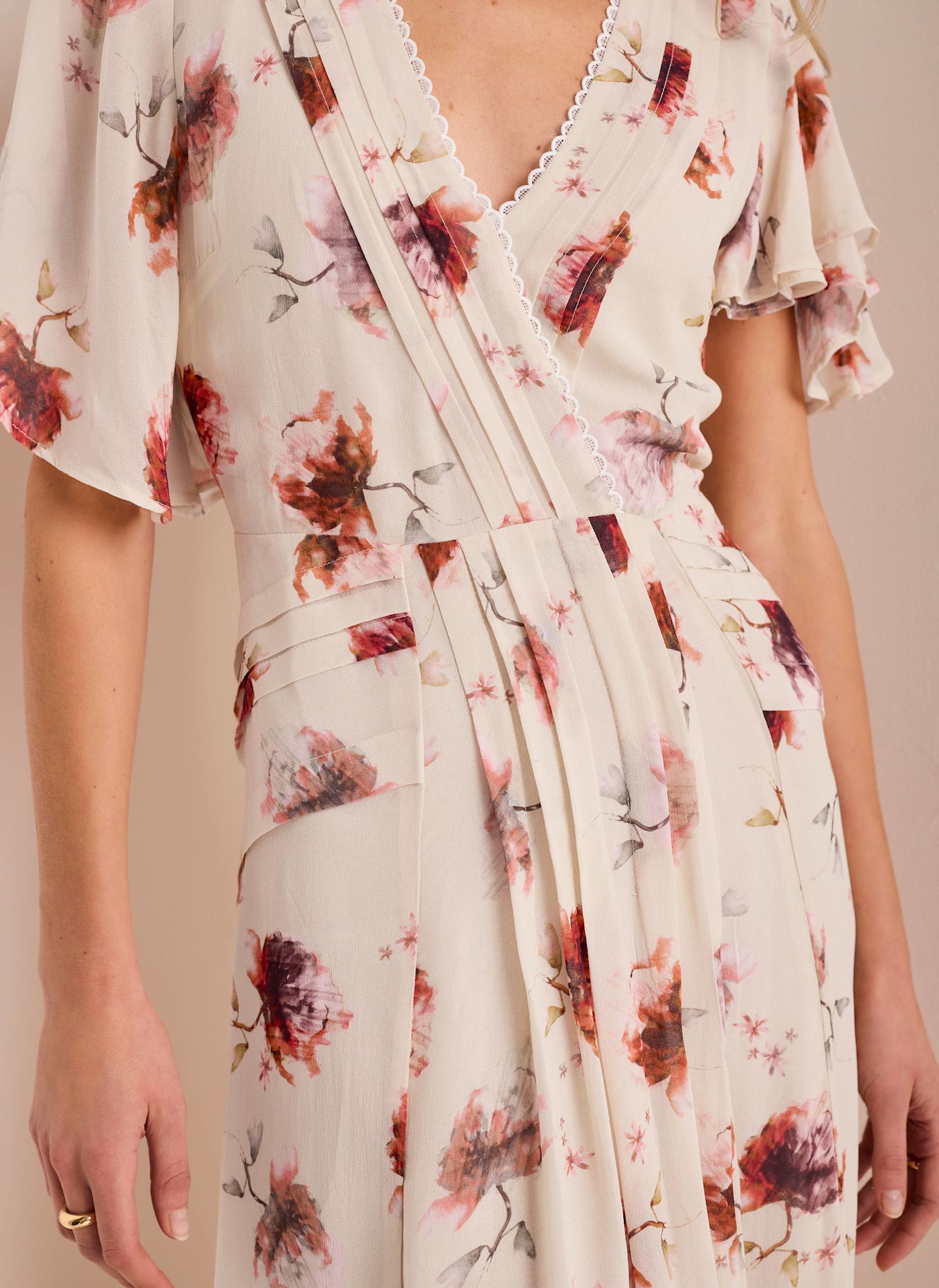 Cream Floral Print Midi Dress