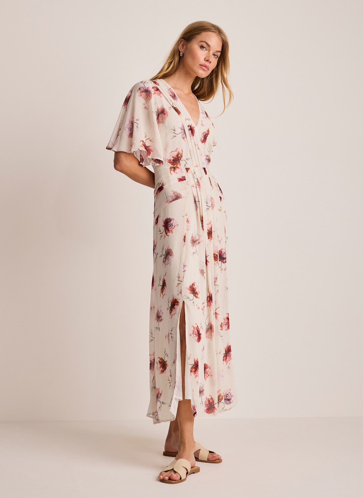 Cream Floral Print Midi Dress