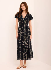 Navy Floral Print Midi Dress