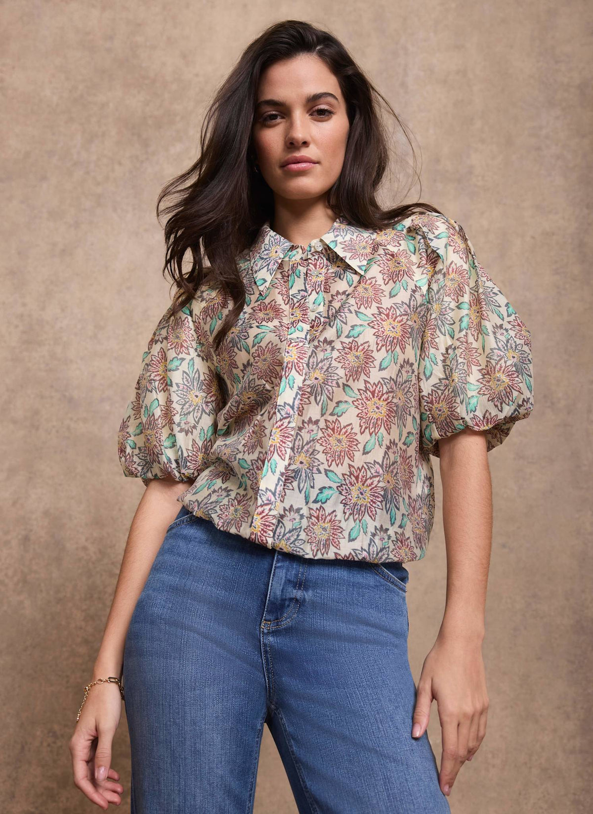 Green Floral Print Puff Sleeve Shirt
