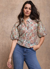 Green Floral Print Puff Sleeve Shirt