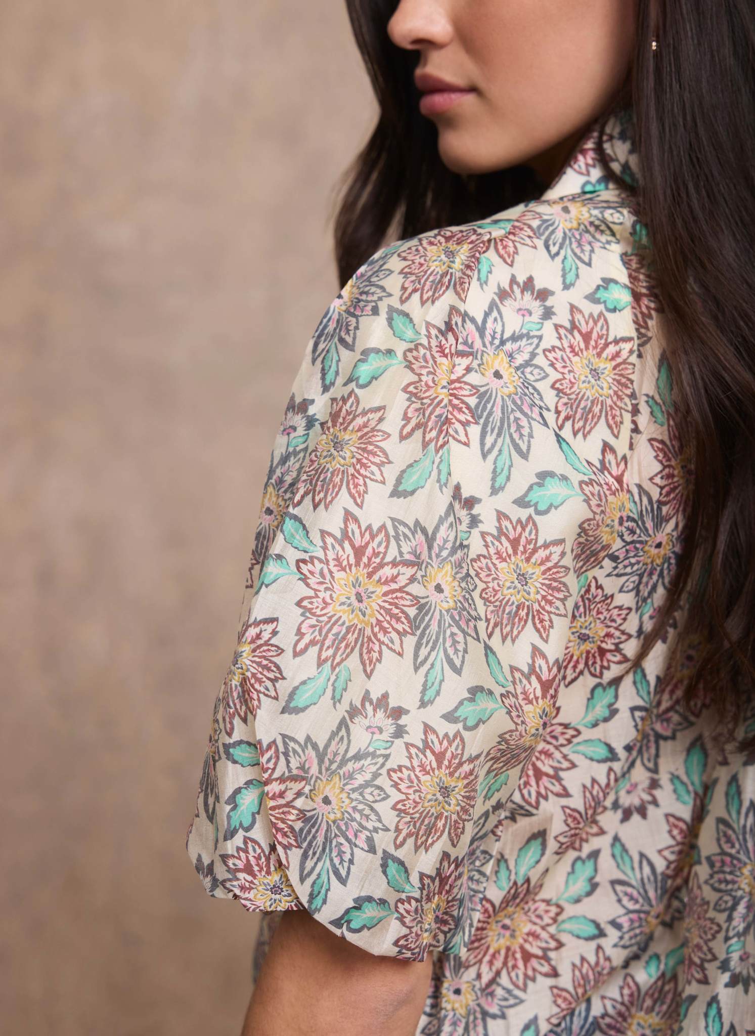 Green Floral Print Puff Sleeve Shirt