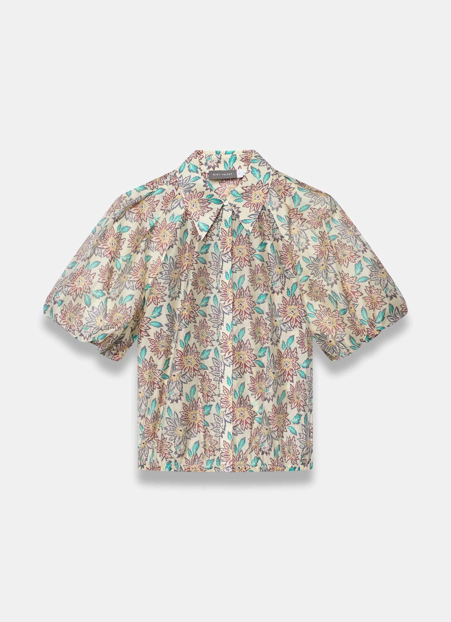 Green Floral Print Puff Sleeve Shirt