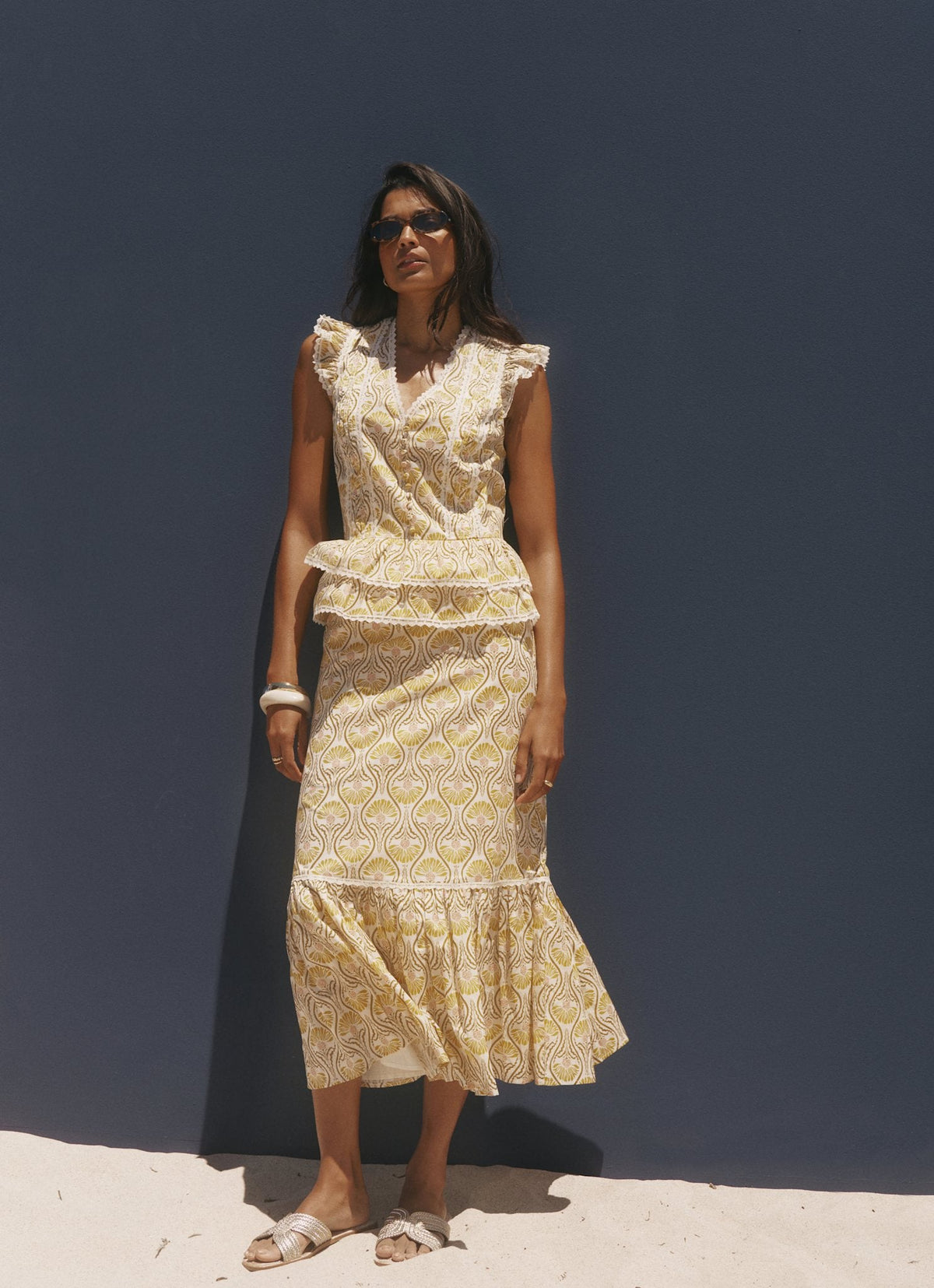 Yellow Cotton Floral Print Midi Skirt