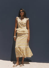 Yellow Cotton Floral Print Midi Skirt