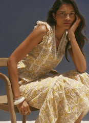 Yellow Cotton Floral Print Midi Skirt