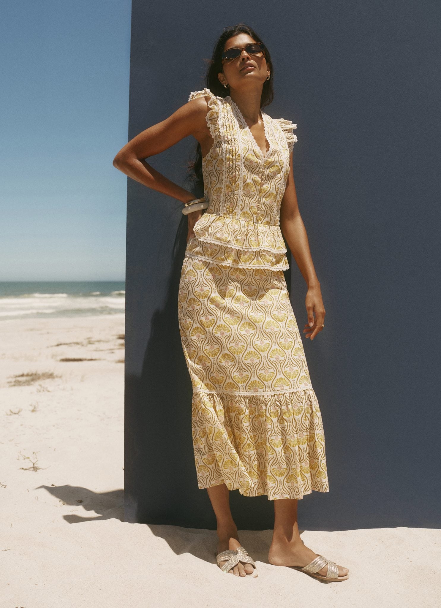 Yellow Cotton Floral Print Midi Skirt