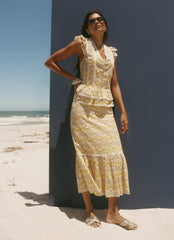 Yellow Cotton Floral Print Midi Skirt
