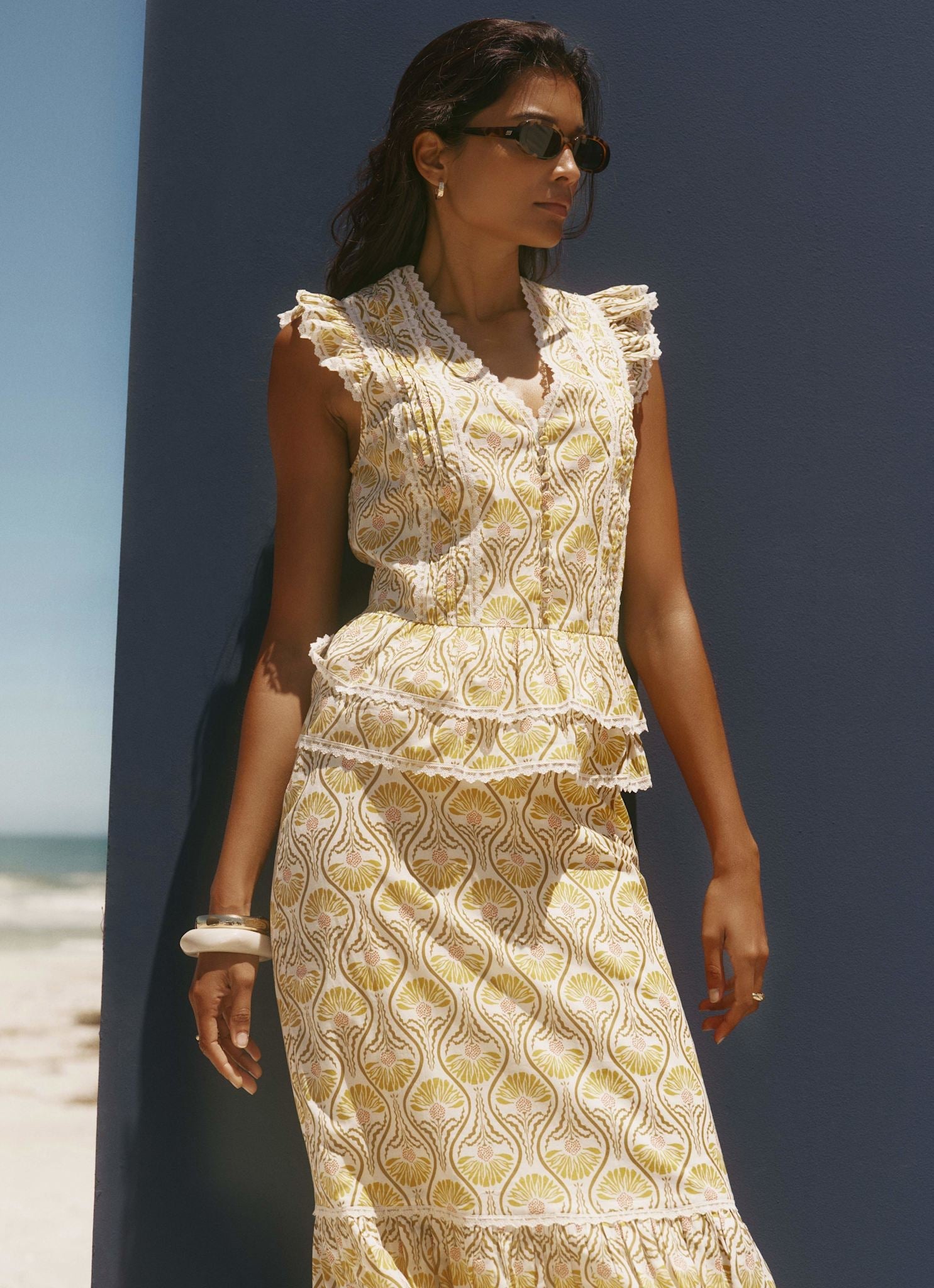 Yellow Cotton Floral Print Midi Skirt