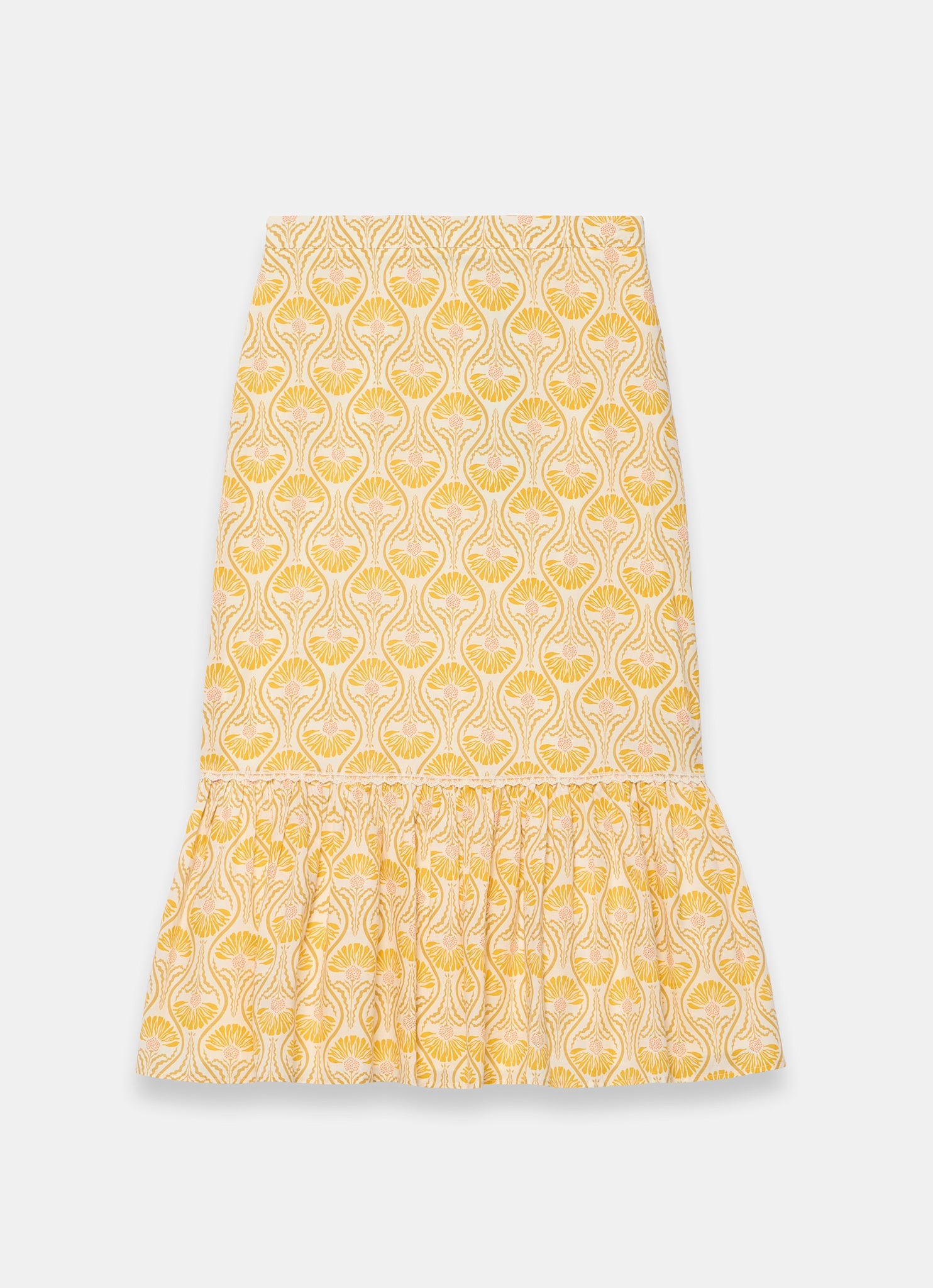 Yellow Cotton Floral Print Midi Skirt