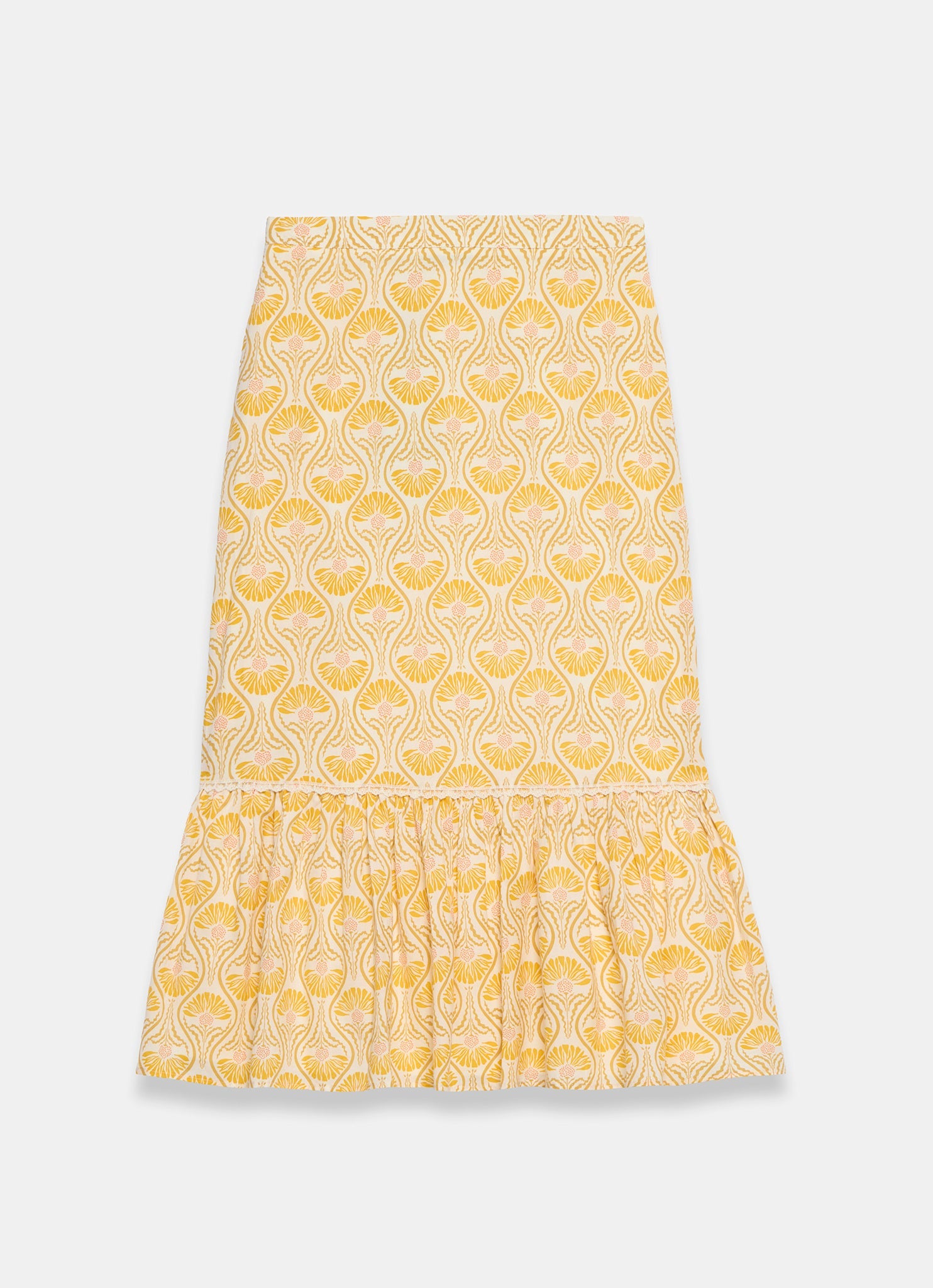 Yellow Cotton Floral Print Midi Skirt