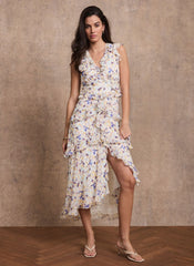 Blue Floral Print Ruffle Midi Dress