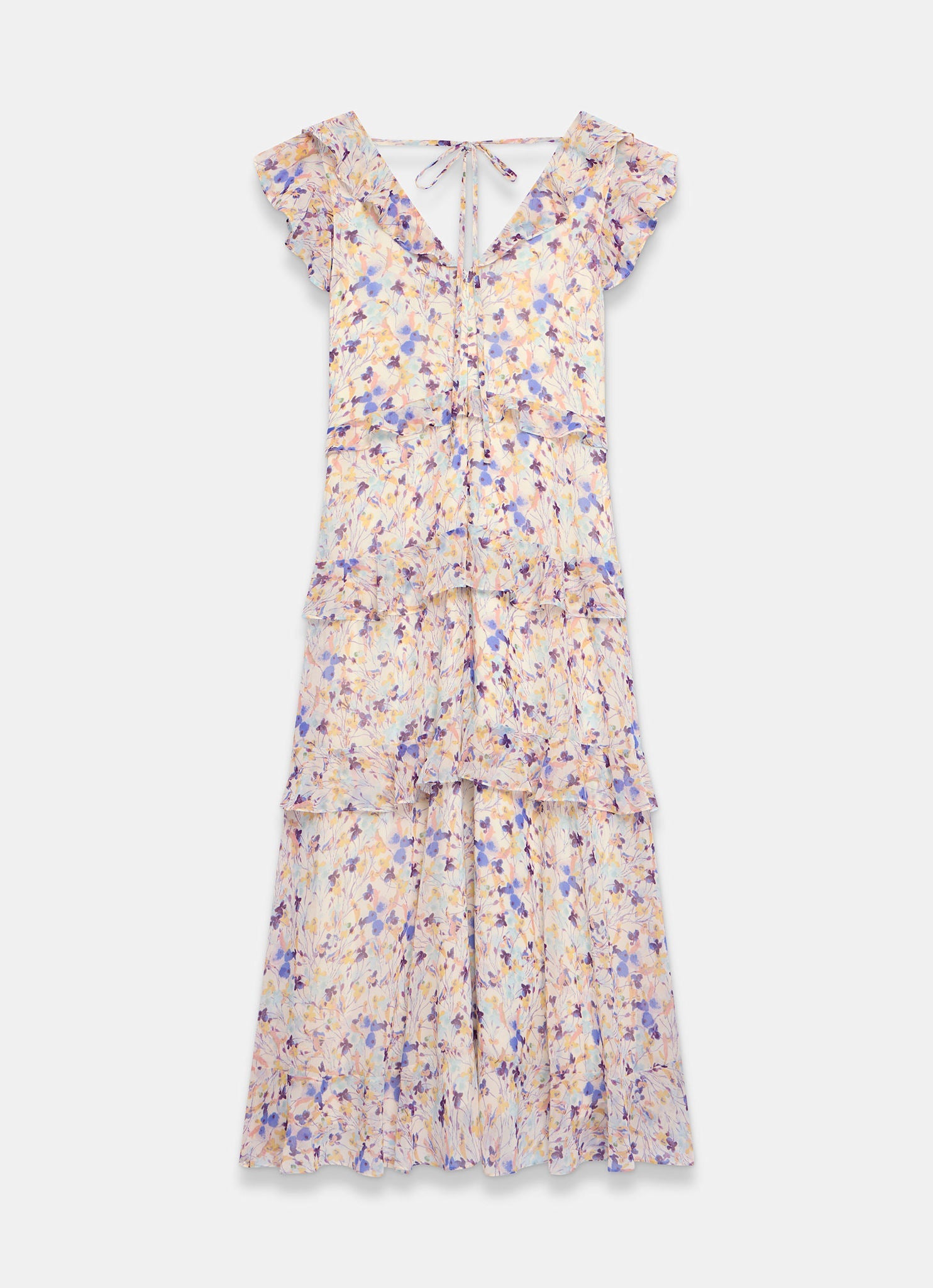 Blue Floral Print Ruffle Midi Dress