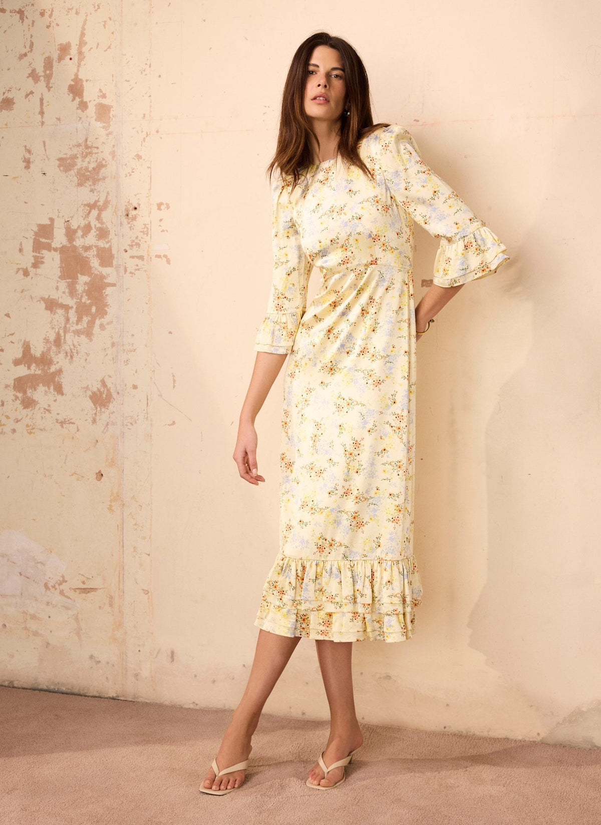 Yellow Floral Print Satin Midi Dress