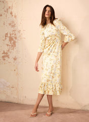 Yellow Floral Print Satin Midi Dress