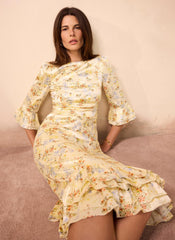 Yellow Floral Print Satin Midi Dress