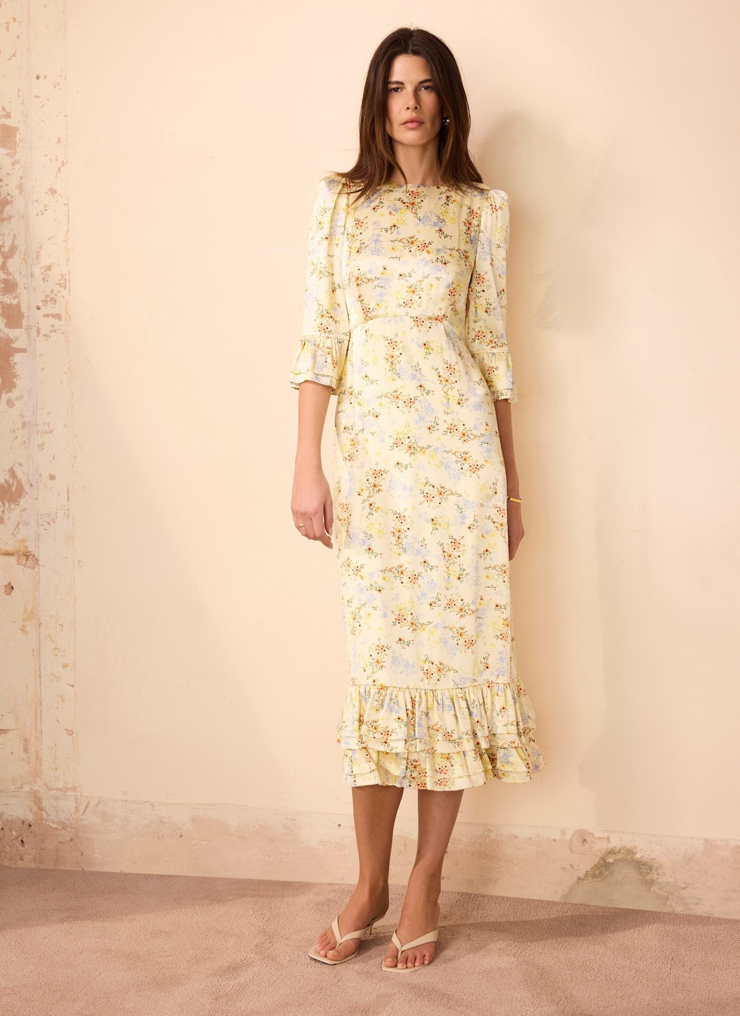 Yellow Floral Print Satin Midi Dress
