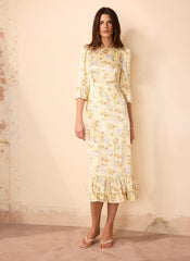 Yellow Floral Print Satin Midi Dress