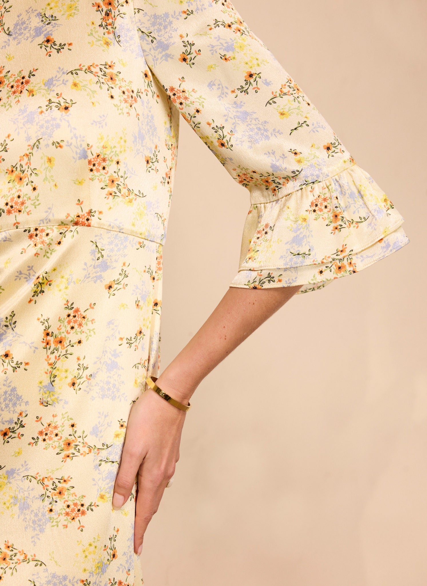 Yellow Floral Print Satin Midi Dress