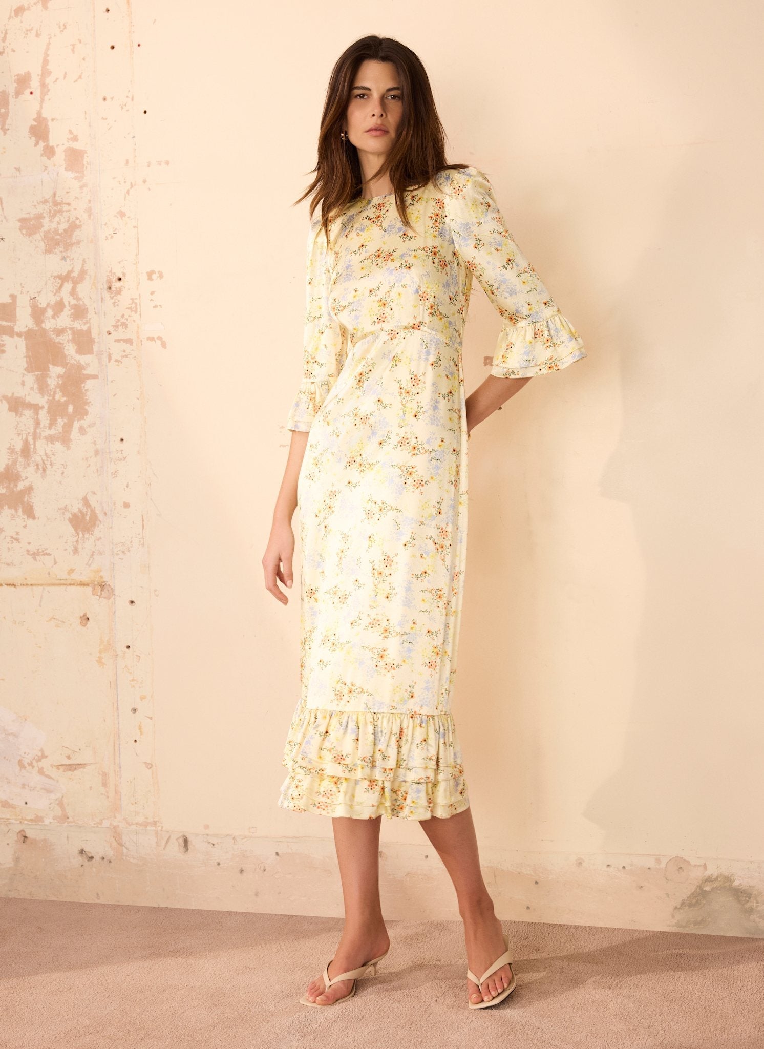 Yellow Floral Print Satin Midi Dress