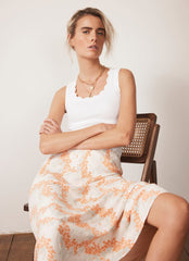 Cream Floral Print Midi Slip Skirt