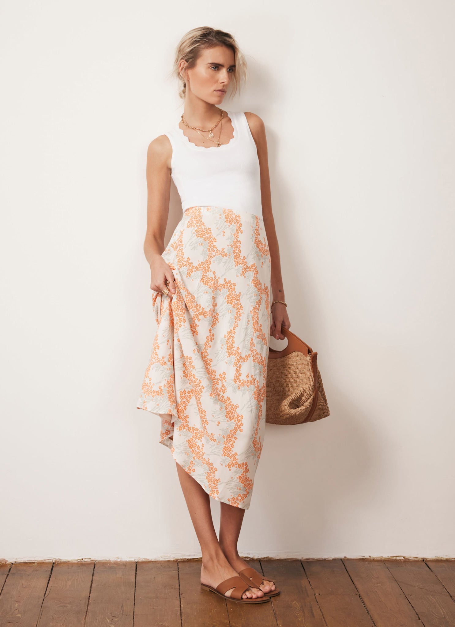 Cream Floral Print Midi Slip Skirt